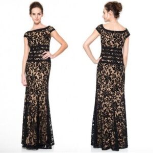 Tadashi Shoji Embroidered Lace Boat Neck Cap Sleeve Gown Size 2 Evening Formal